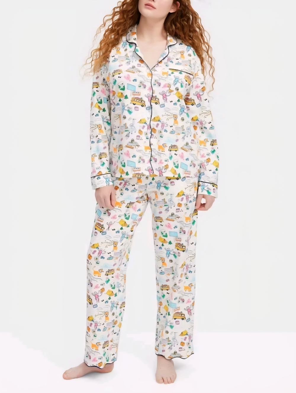Roller Rabbit Roadtrip Long Sleeves and Pants Pajama Set Blue/Yellow/Pink, Small